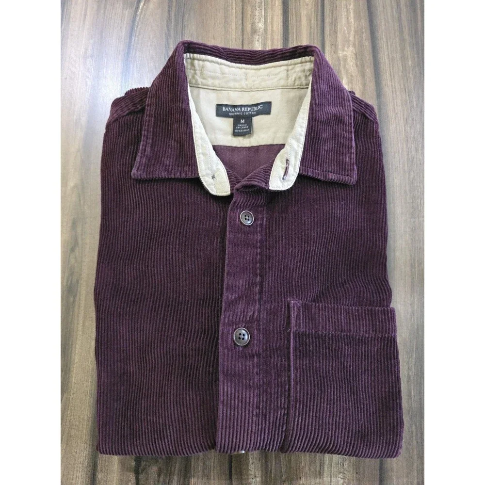 Banana Republic Organic Cotton Corduroy Shirt Mens M Burgundy Button Up